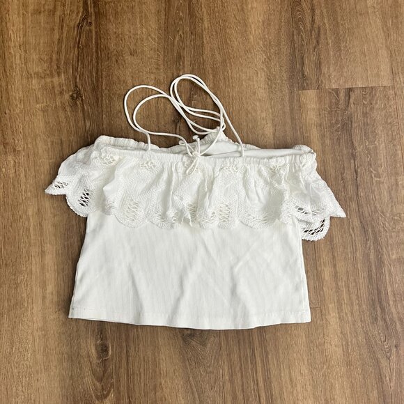 Anthropologie Strappy Eyelet Lace Ruffle Trim Halter Top White Sz Small Ribbed - Picture 10 of 11